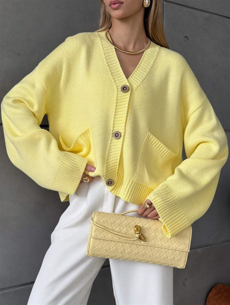 Solid-color V-neck Knitted Cardigan With Large Pockets For Women