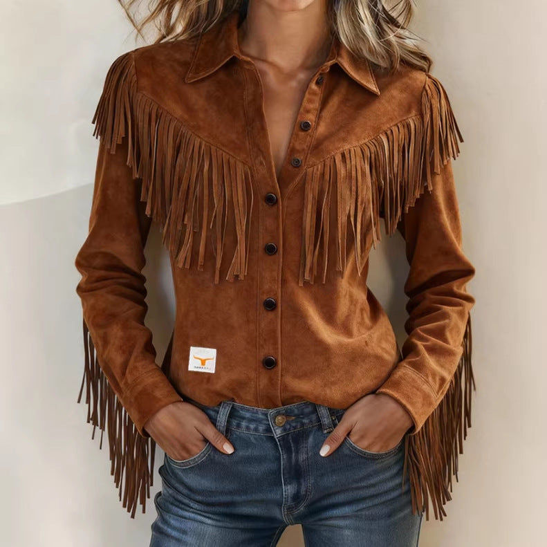 Womens Suede Jacket With Notch Lapel And Tassel Trim