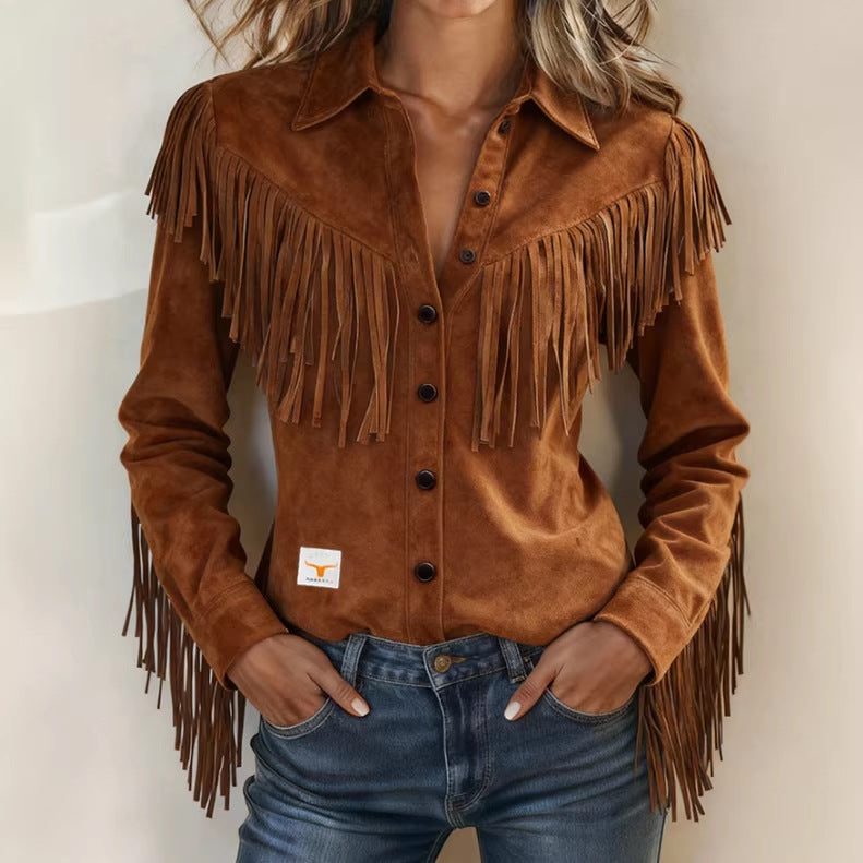 Womens Suede Jacket With Notch Lapel And Tassel Trim