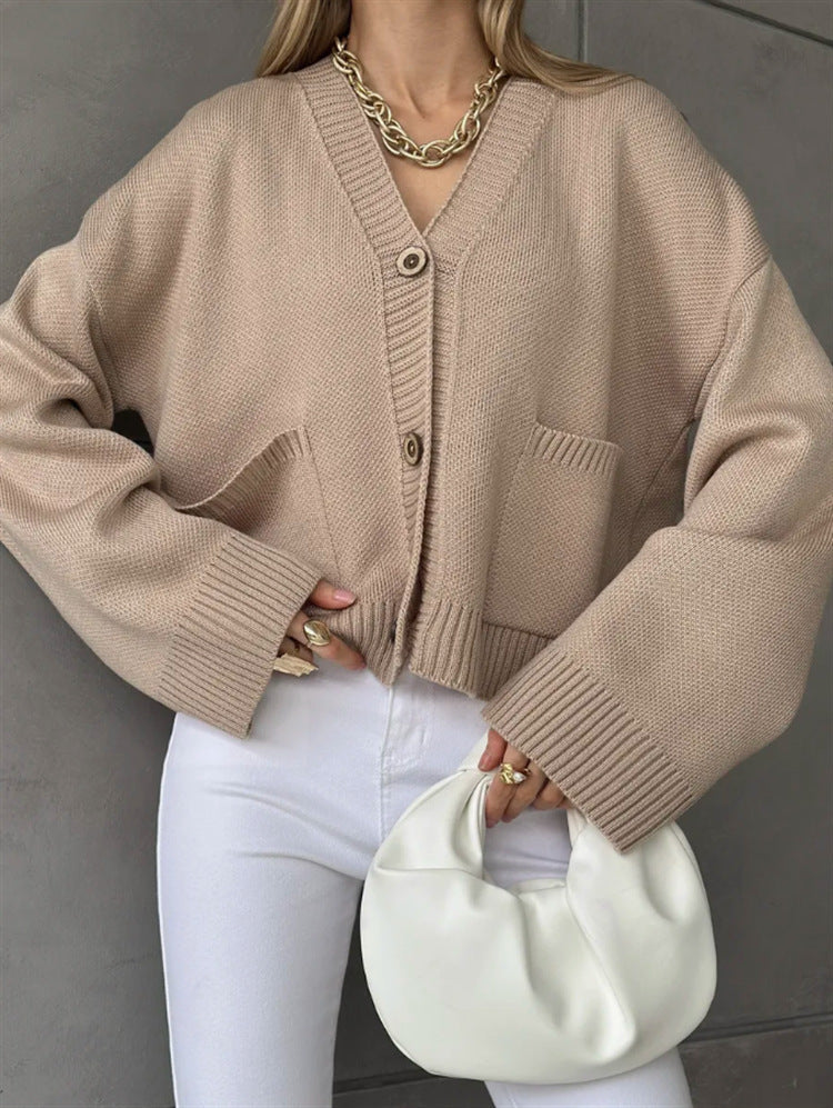 Solid-color V-neck Knitted Cardigan With Large Pockets For Women