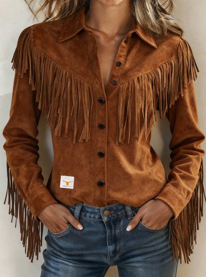 Womens Suede Jacket With Notch Lapel And Tassel Trim