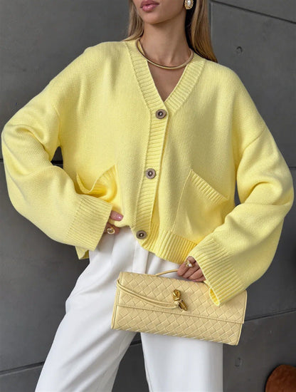Solid-color V-neck Knitted Cardigan With Large Pockets For Women