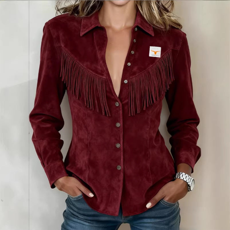 Womens Solid-Color Short Fringe Suede Jacket With Lapel