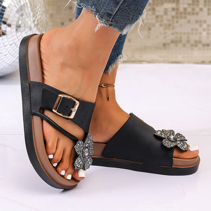 Women Flower Decor Slide Sandals Comfort Flats