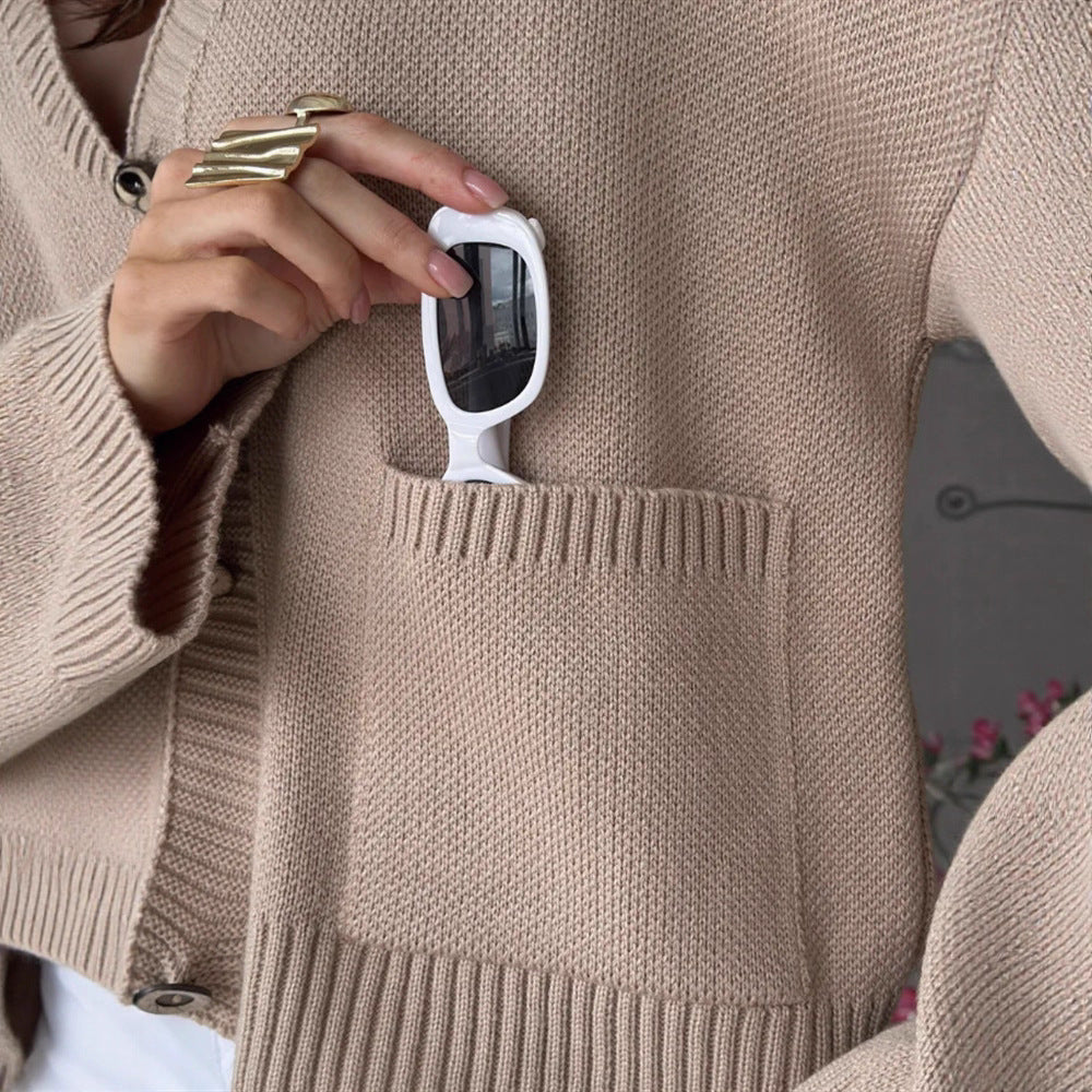 Solid-color V-neck Knitted Cardigan With Large Pockets For Women