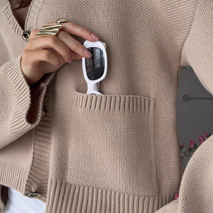 Solid-color V-neck Knitted Cardigan With Large Pockets For Women