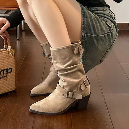 Bottines plissées à talons épais