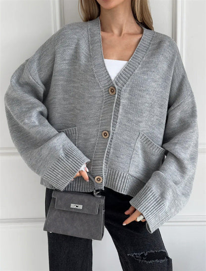 Solid-color V-neck Knitted Cardigan With Large Pockets For Women