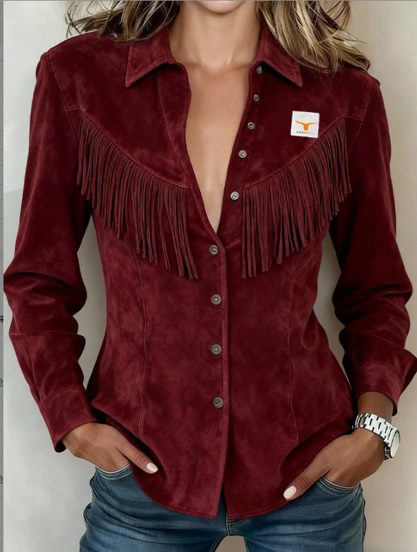 Womens Solid-Color Short Fringe Suede Jacket With Lapel