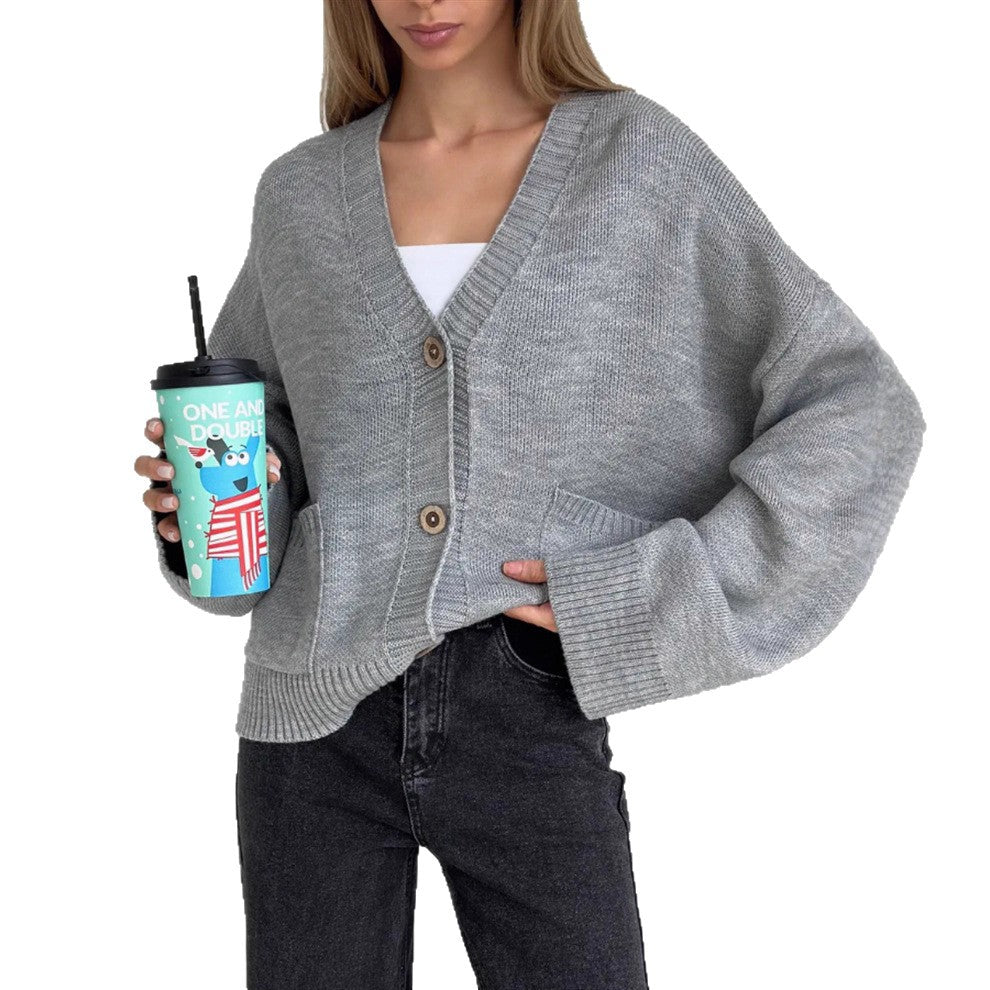Solid-color V-neck Knitted Cardigan With Large Pockets For Women