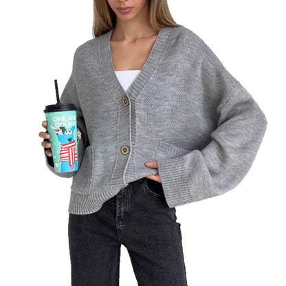 Solid-color V-neck Knitted Cardigan With Large Pockets For Women