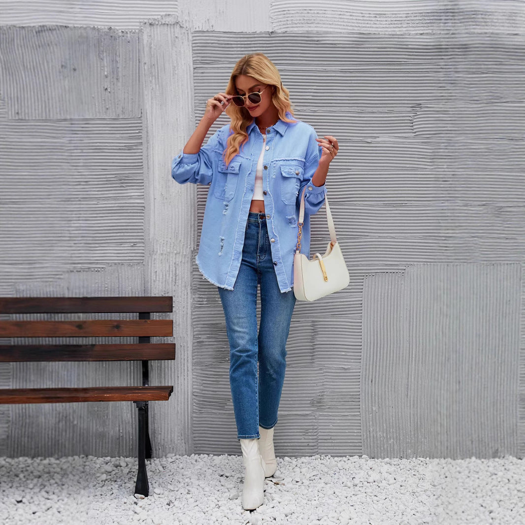 Womens Casual Relaxed-fit Denim Top For Vacation