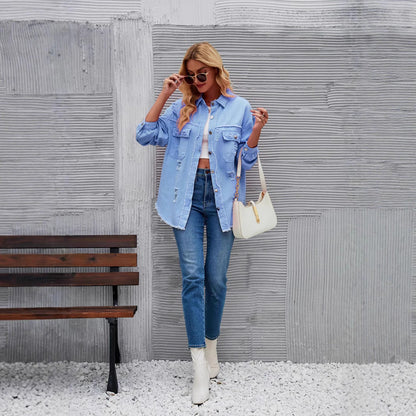 Womens Casual Relaxed-fit Denim Top For Vacation
