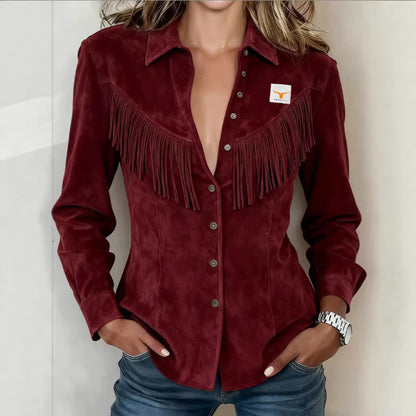 Womens Solid-Color Short Fringe Suede Jacket With Lapel